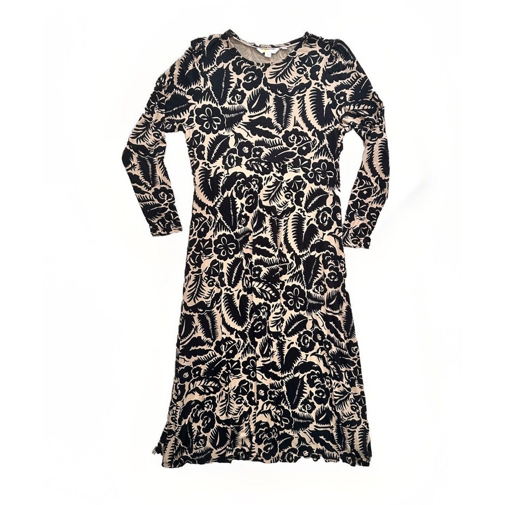 BODEN Crew Neck Jersey Knit Midi Dress Floral Abstract Garden Black Tan Size 8 P - Picture 3 of 16